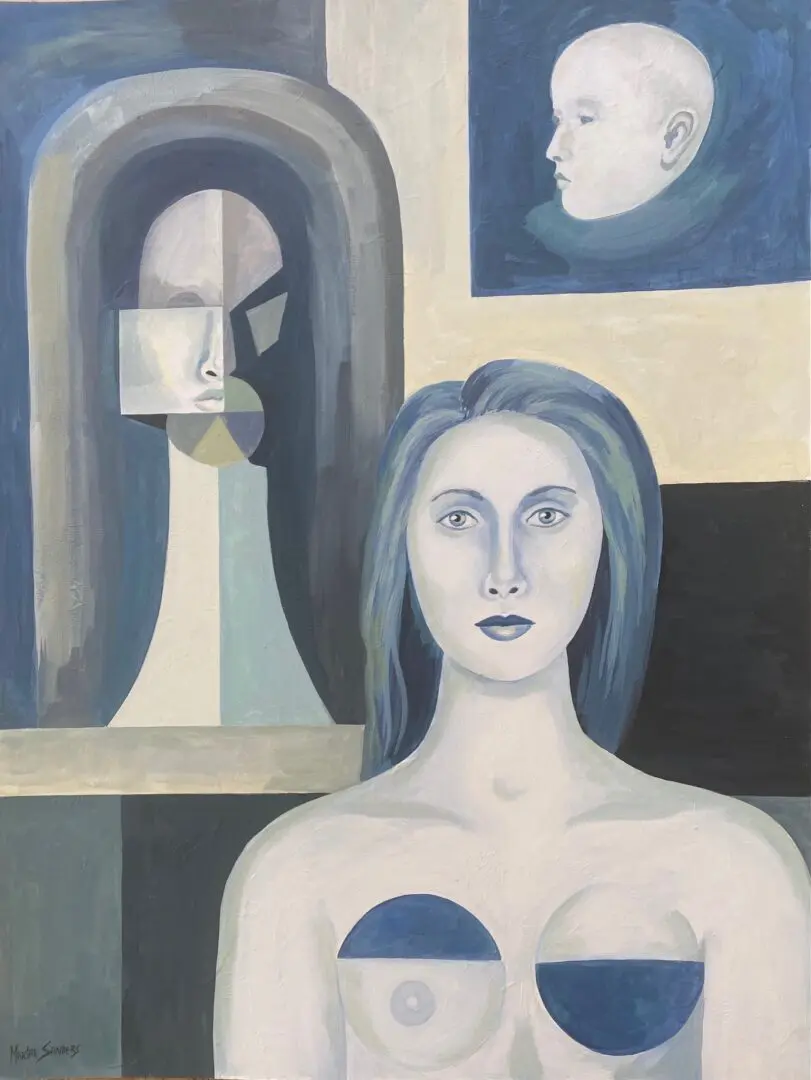 A painting of a woman with blue hair and two other paintings