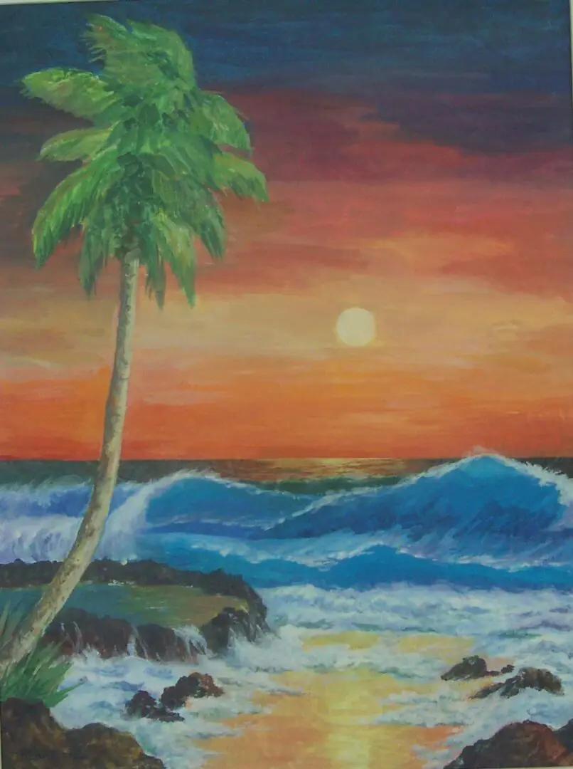 A painting of the ocean and palm tree