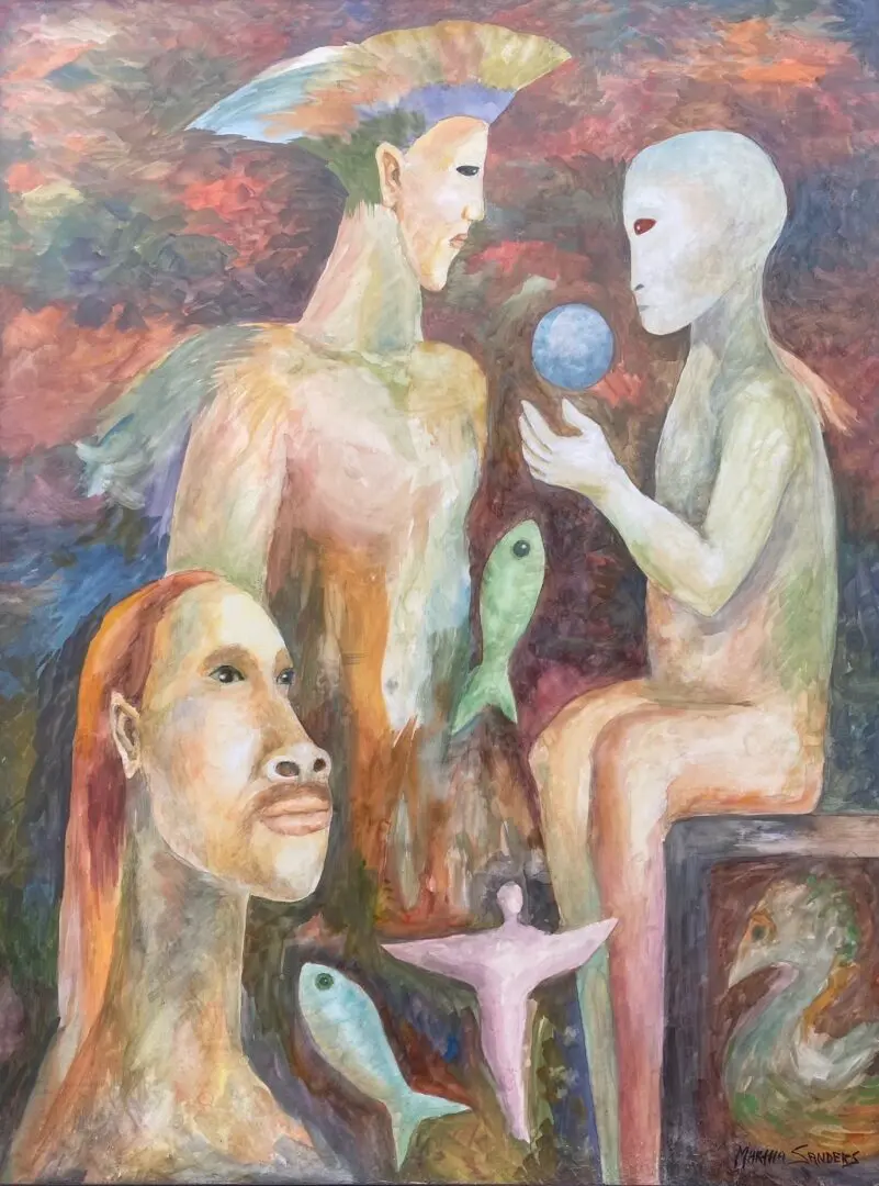 A painting of three people and one fish