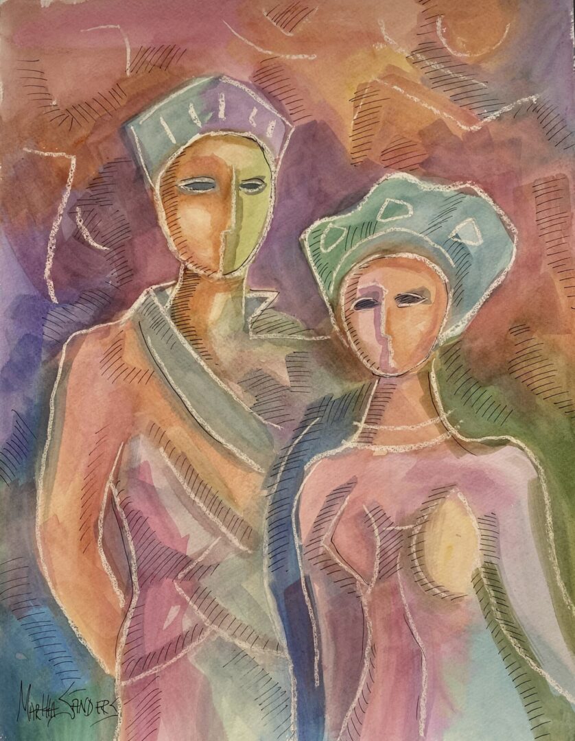 A painting of two people wearing hats and standing next to each other.
