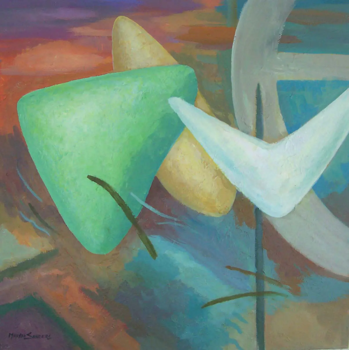 A painting of an abstract scene with green and white shapes.