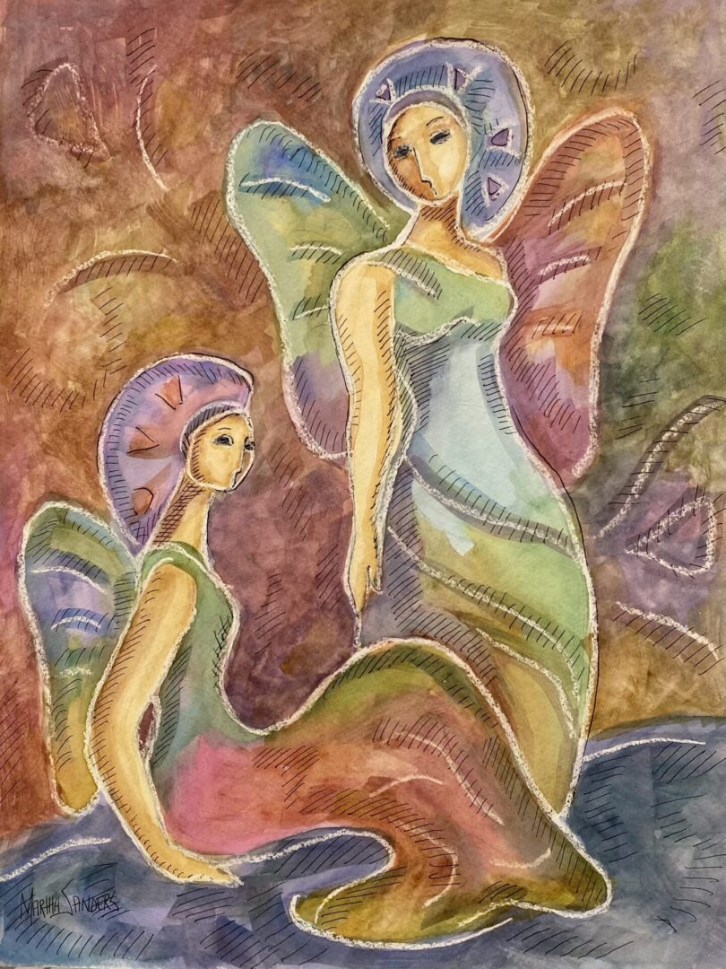 A painting of two women in dresses and hats