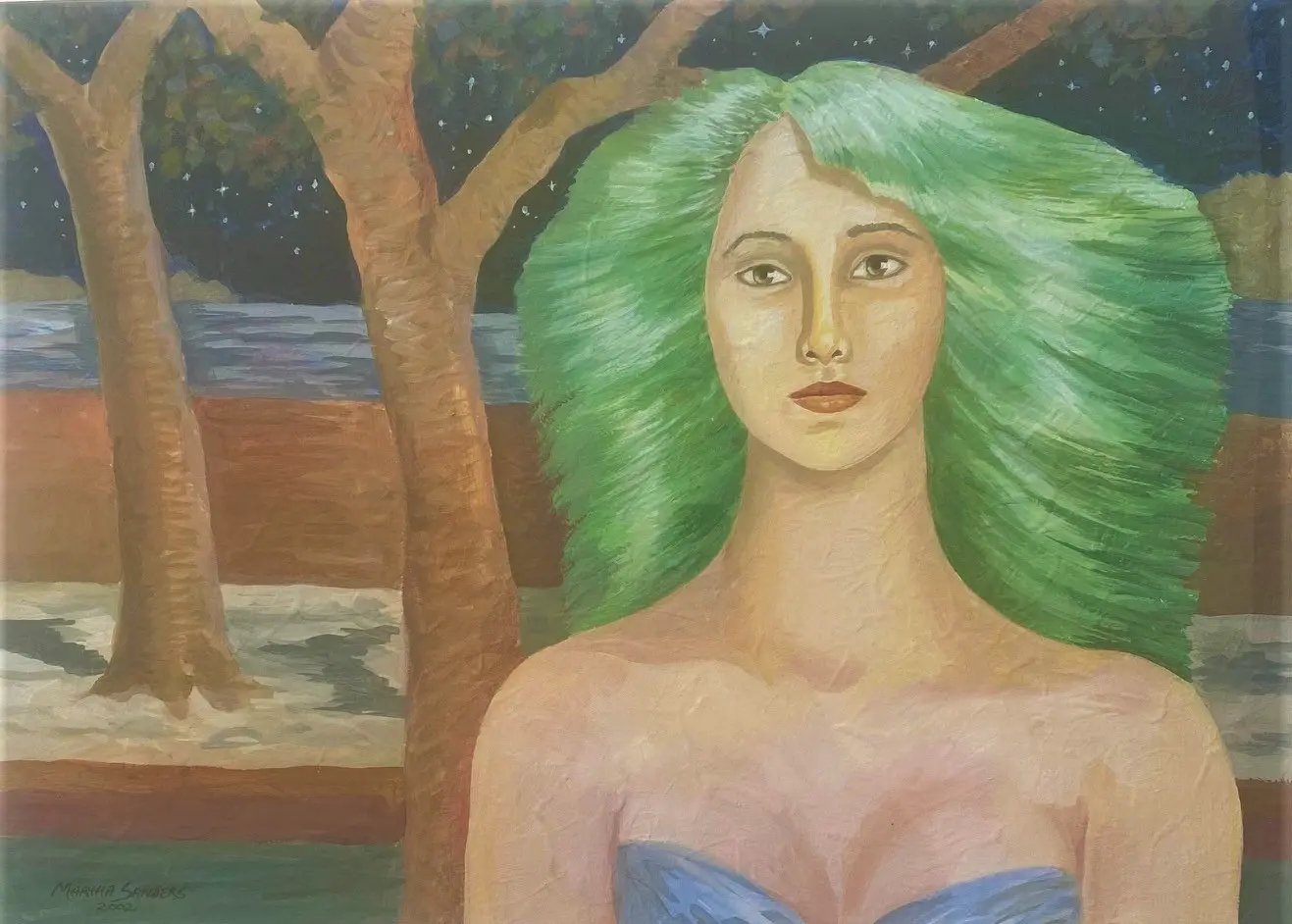 A painting of a woman with green hair