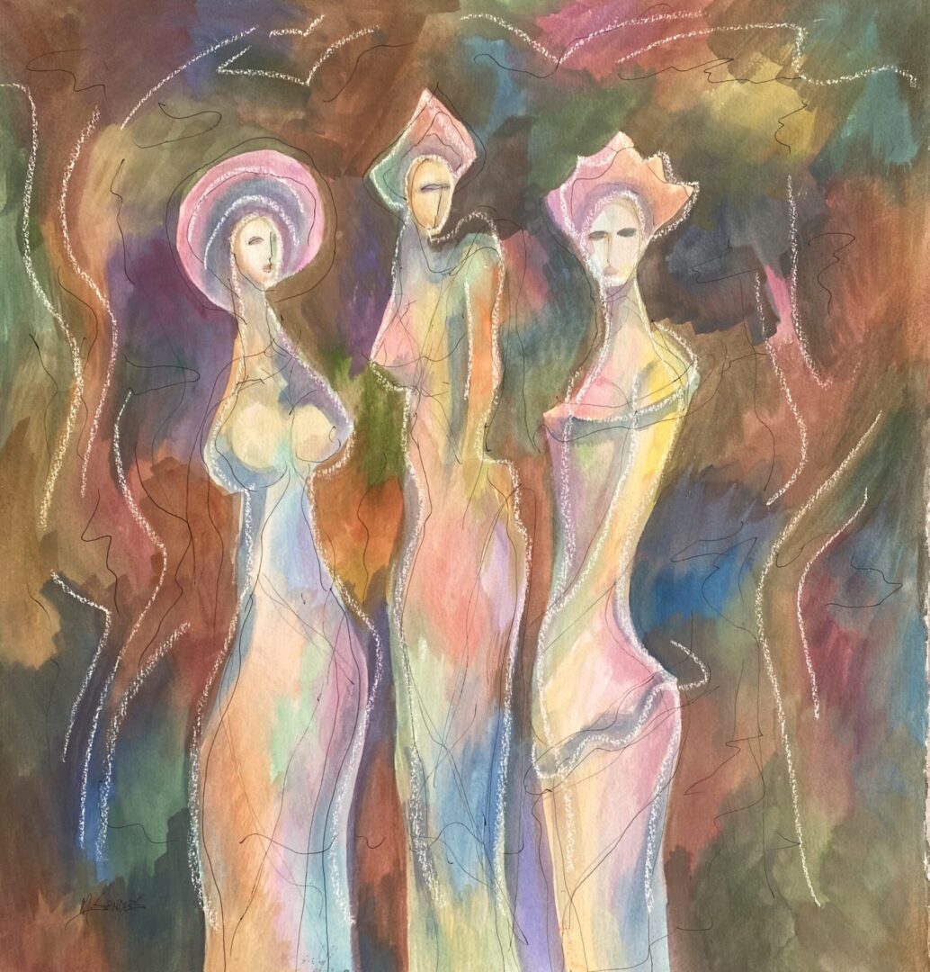 Three women in pastel colors standing next to each other.