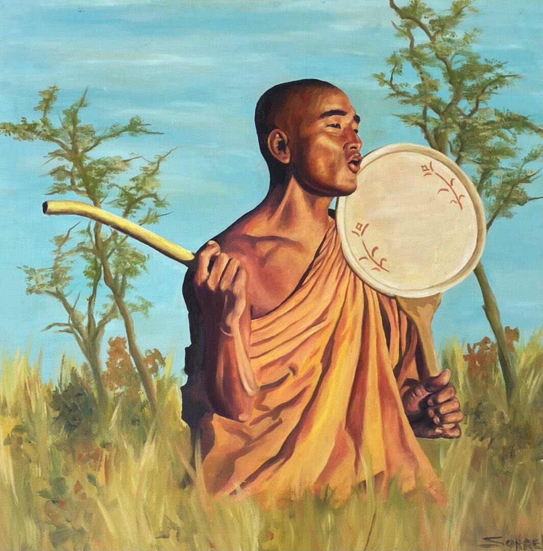 A painting of a monk holding a drum.