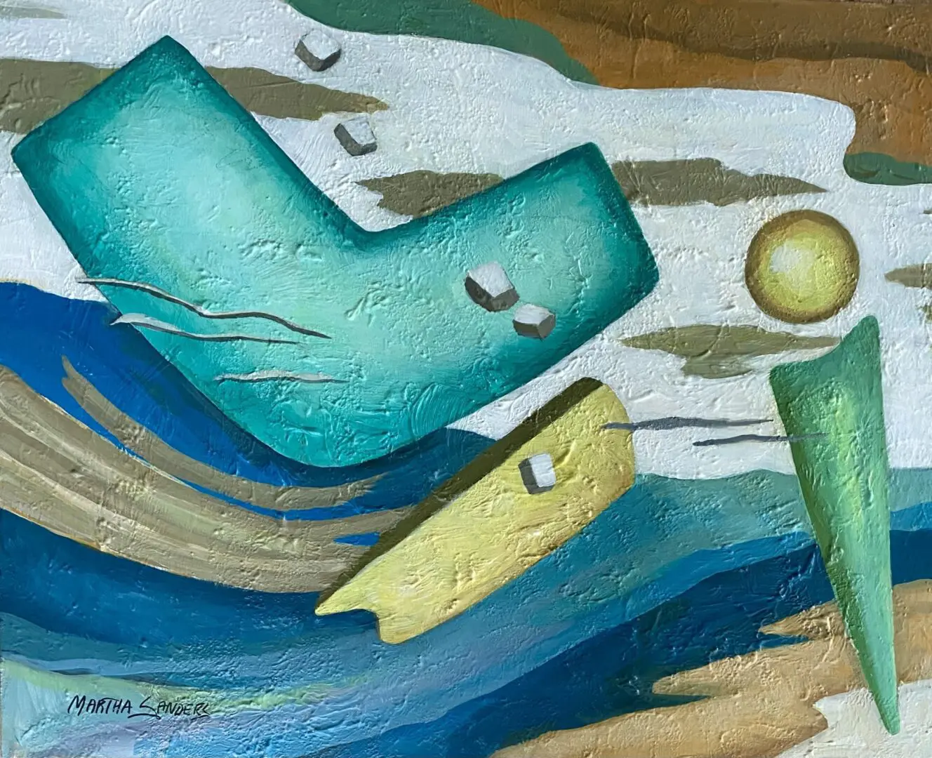A painting of a blue and green boat in the water.