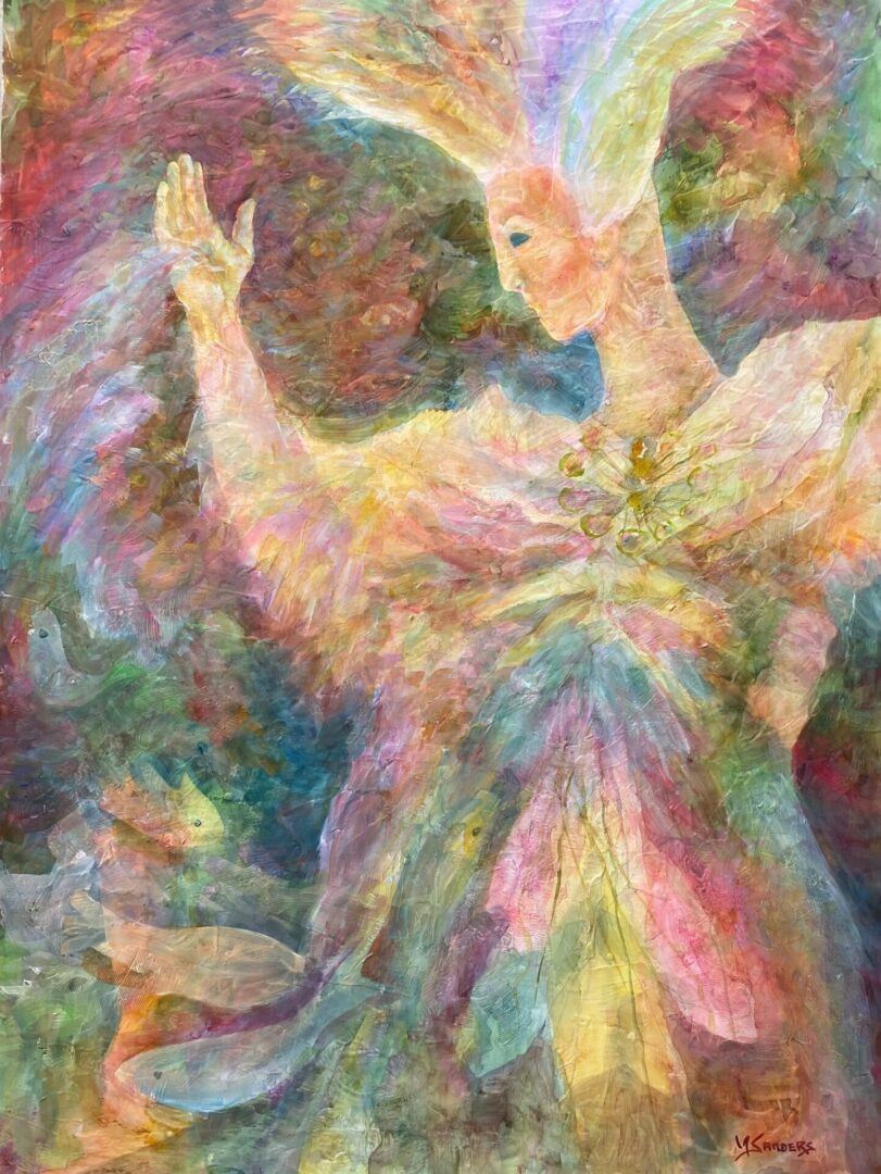 A painting of a woman in a colorful dress