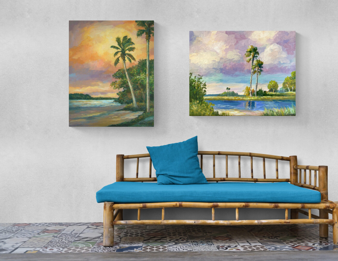 Local Fine Art For Sale: Two paintings of palm trees are elegantly displayed as they hang on a wall.