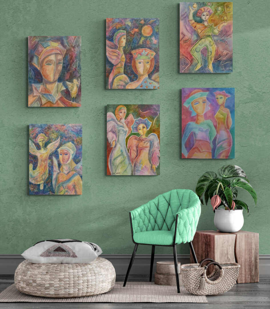 Local Fine Art For Sale: Four paintings on a wall adorned by a green chair.