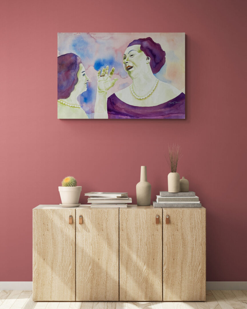 Local Fine Art For Sale: A captivating painting showcasing two women engaged in conversation, set against a vibrant pink wall.