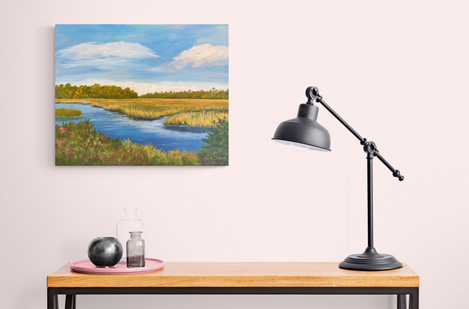 Local Fine Art For Sale: A mesmerizing painting capturing the serene beauty of a marsh. The artwork also features an eye-catching lamp delicately placed on a table, enhancing the overall ambiance and adding a
