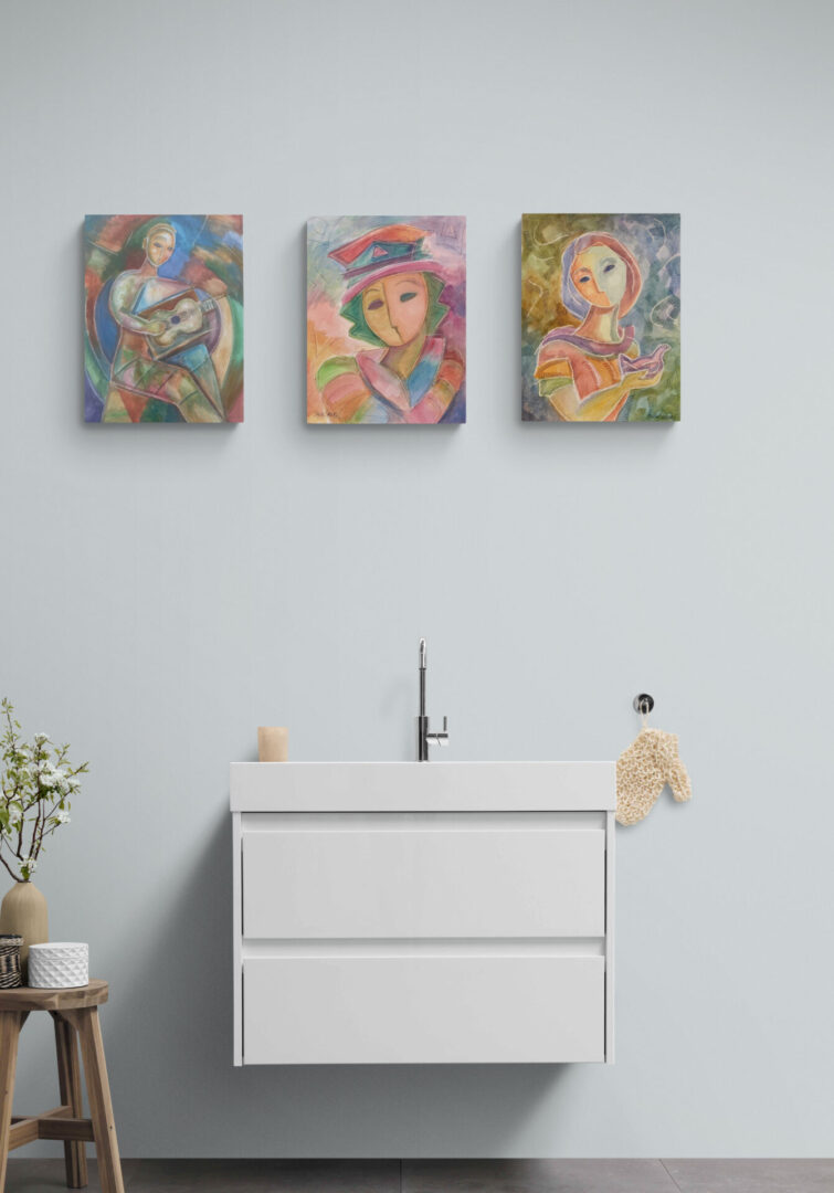 Local Fine Art For Sale: Three paintings hanging above a sink in a bathroom.