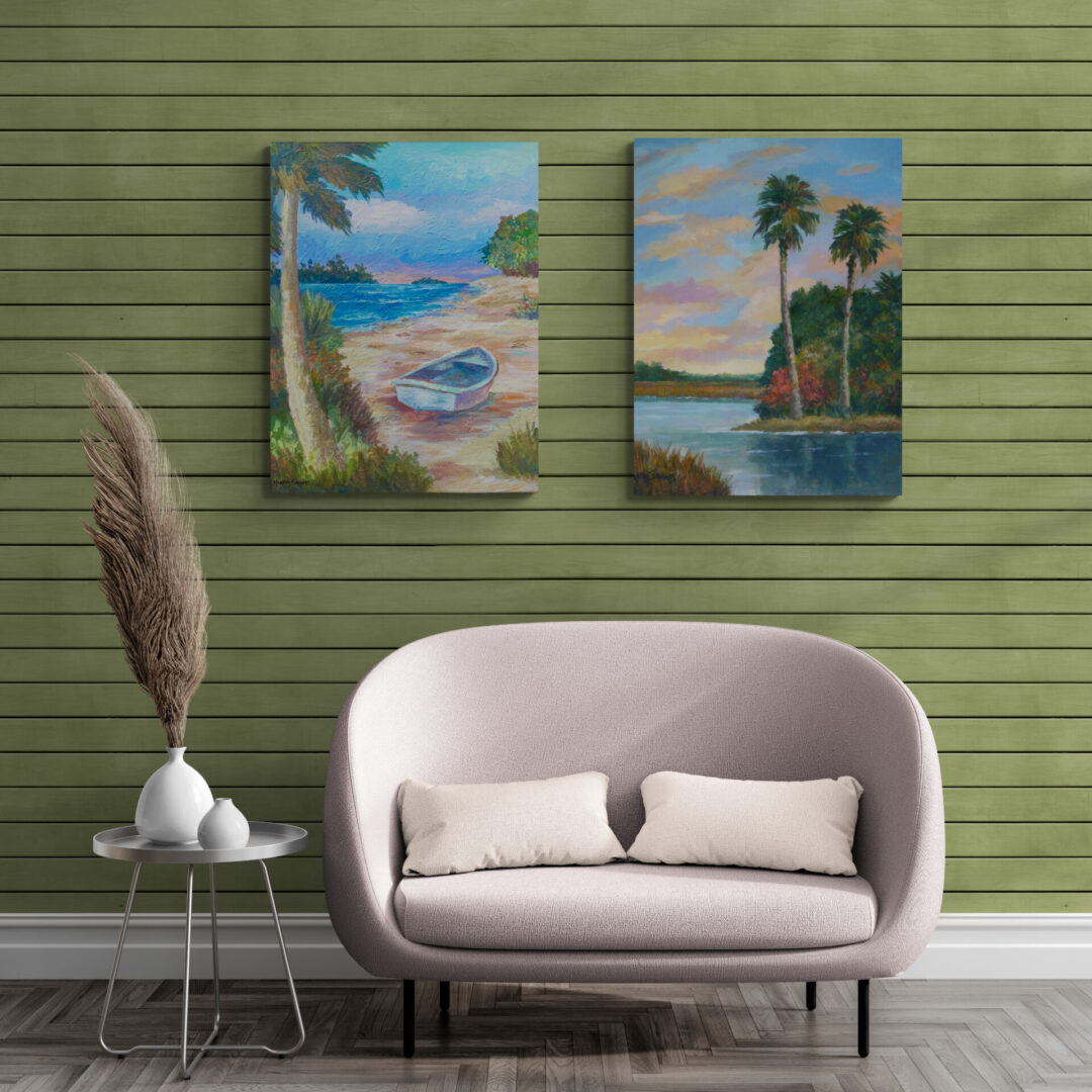 Two paintings of palm trees for sale.