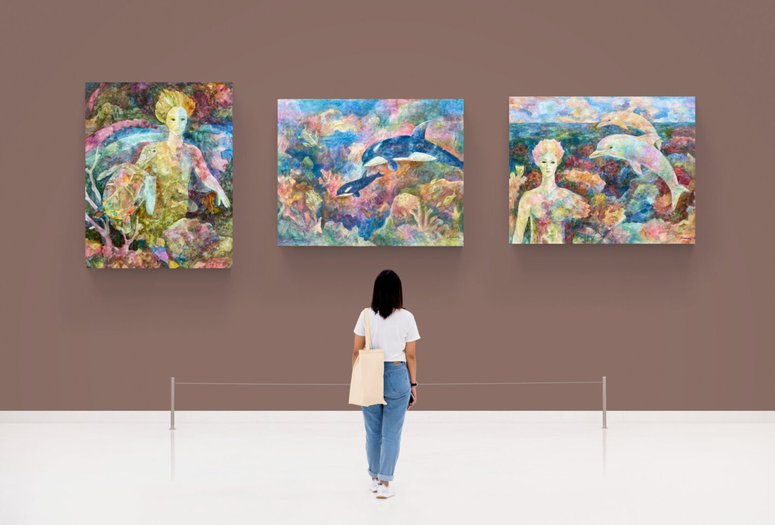 A woman admiring three paintings in a local art gallery featuring fine art for sale.