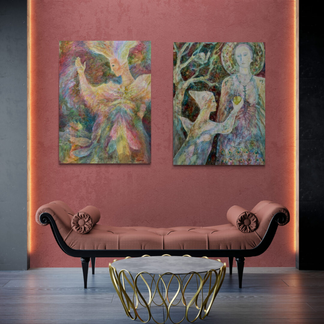 Two local fine art paintings for sale adorn the wall in a living room.
