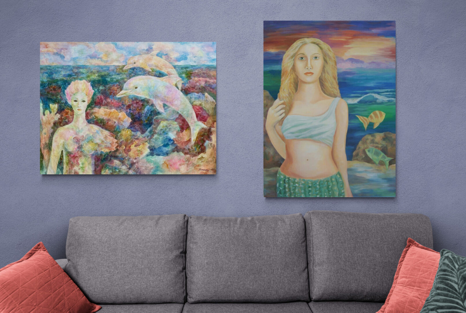 Two local fine art paintings hanging on a wall next to a couch.