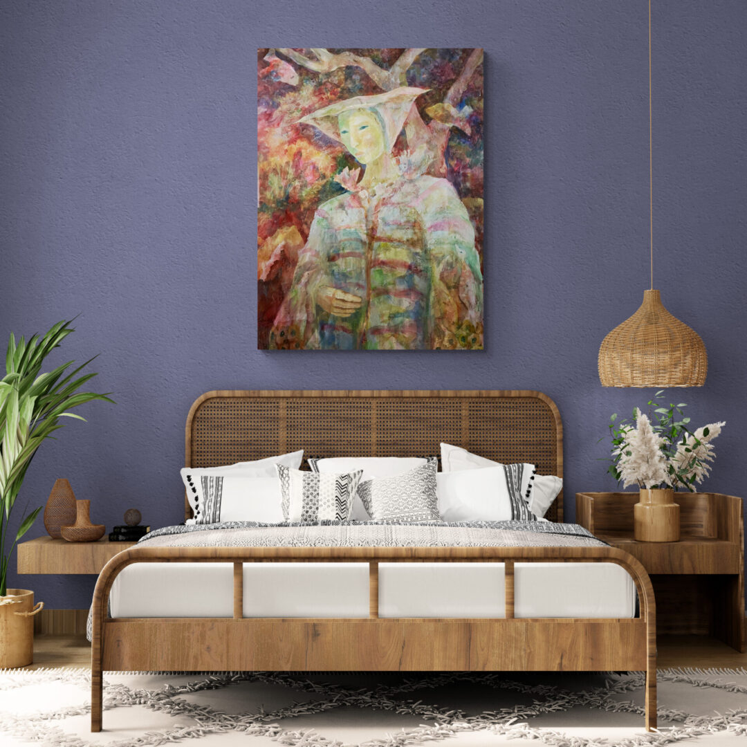 A bedroom with a bed and a painting on the wall featuring local fine art for sale.