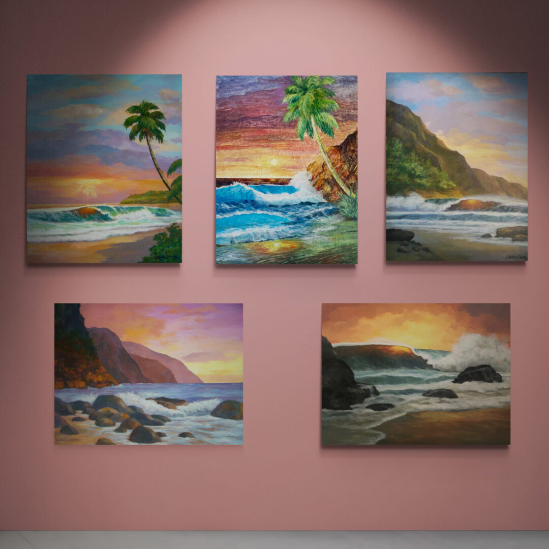 Local fine art for sale, featuring a stunning group of paintings on a wall adorned with palm trees.