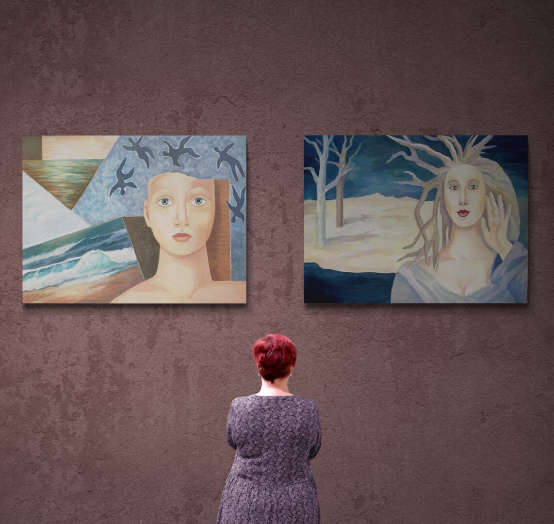 A woman is admiring two local fine art paintings for sale.