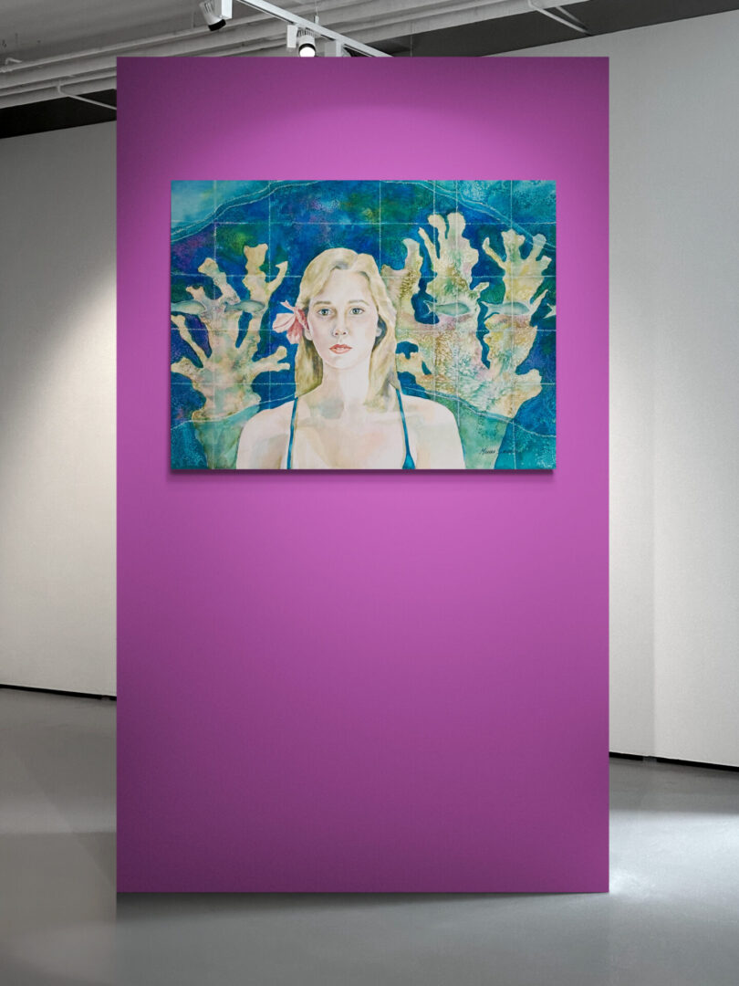 Local Fine Art For Sale: A stunning painting showcasing an elegant woman, delicately captured on a vibrant purple wall.