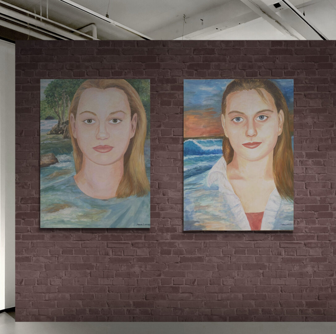 Two local fine art portraits of women hanging on a brick wall, available for sale.