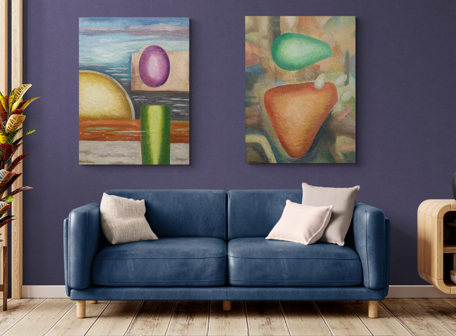 Living room with local fine art for sale on two paintings.