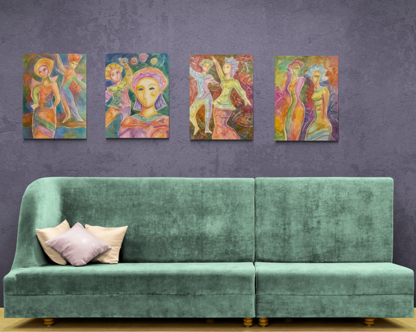 Local Fine Art For Sale: Four paintings on a wall in front of a green couch.