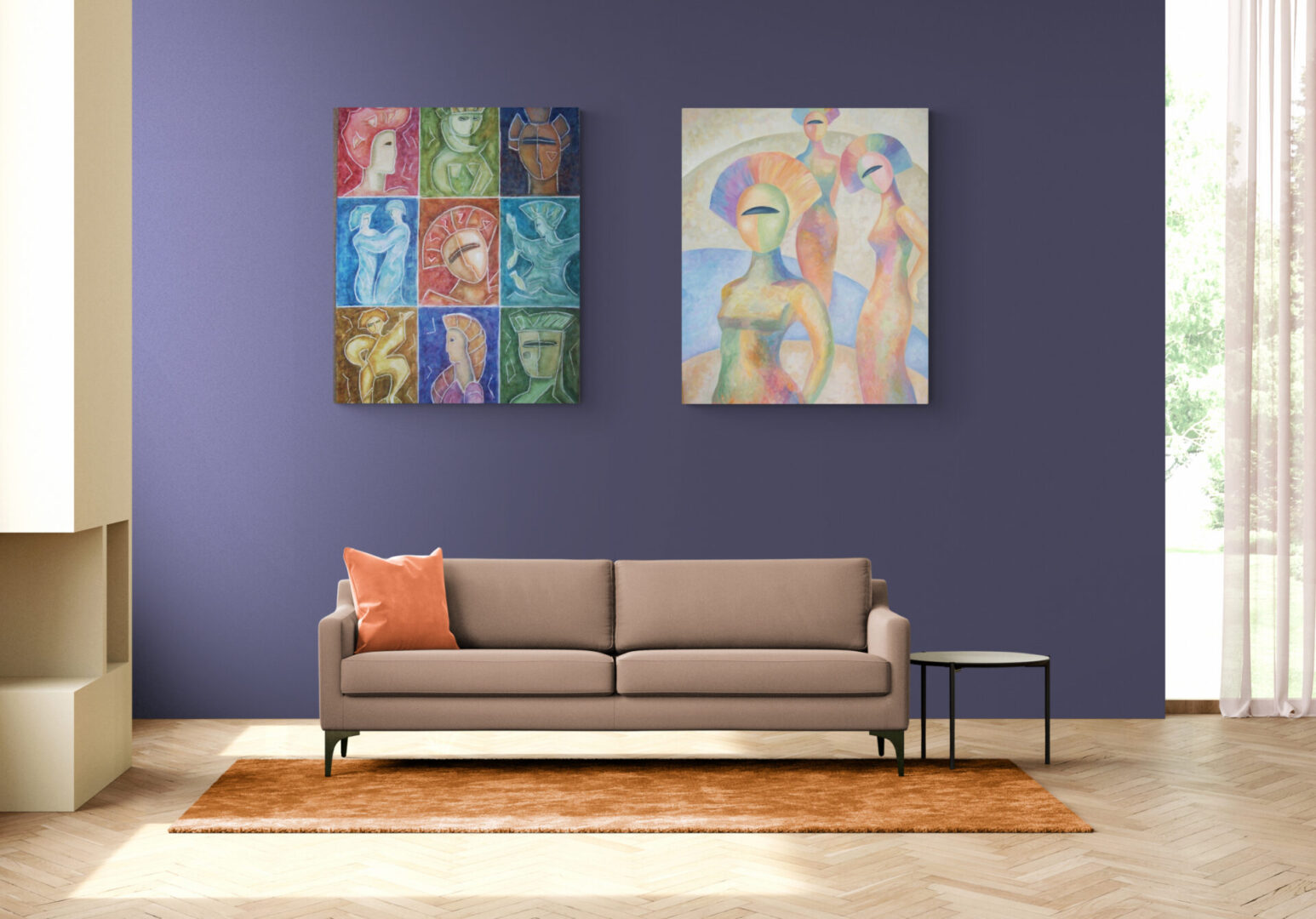 Two Local Fine Art paintings hanging above a couch in a living room, available for sale.