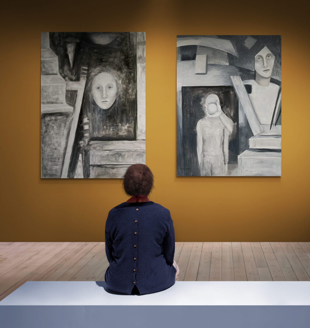 A woman sitting on a bench admiring two Local Fine Art For Sale paintings.
