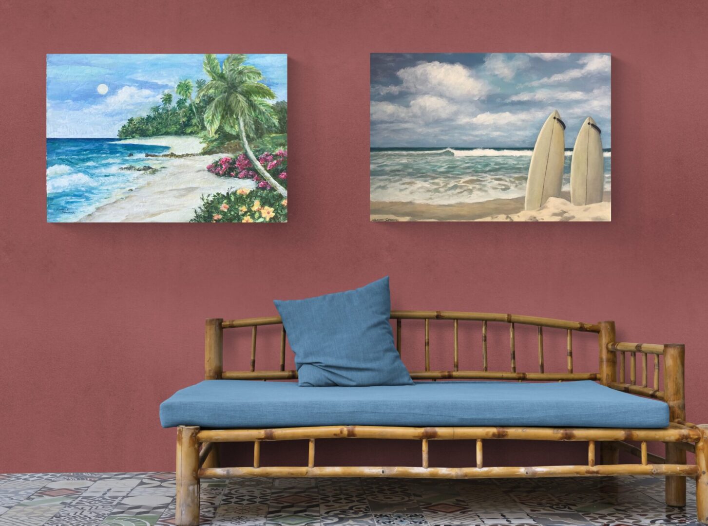 Local Fine Art For Sale: Two paintings of surfboards on a couch in front of a red wall.