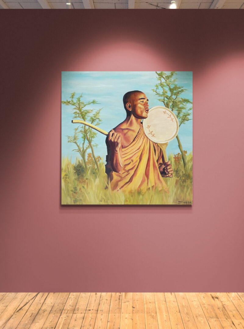 Local Fine Art For Sale: A captivating painting capturing the essence of Buddhist spirituality, featuring a serene monk gracefully holding a traditional drum.