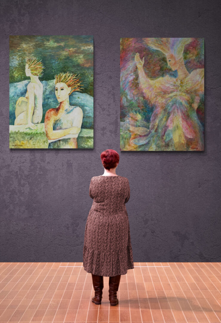 A woman admiring two local fine art paintings in an art gallery, available for sale.