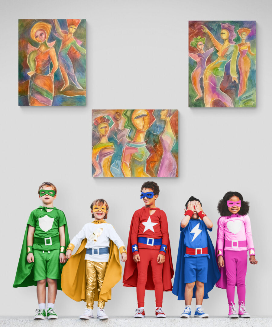 A group of children in superhero costumes admiring local fine art for sale.